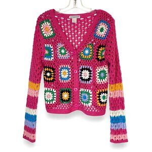 Cotton Emporium Granny Square Cardigan Sweater Crochet Pink Coquette Medium